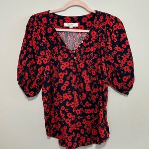 LOFT Red and Navy Puff Sleeve Blouse Relaxed Fit